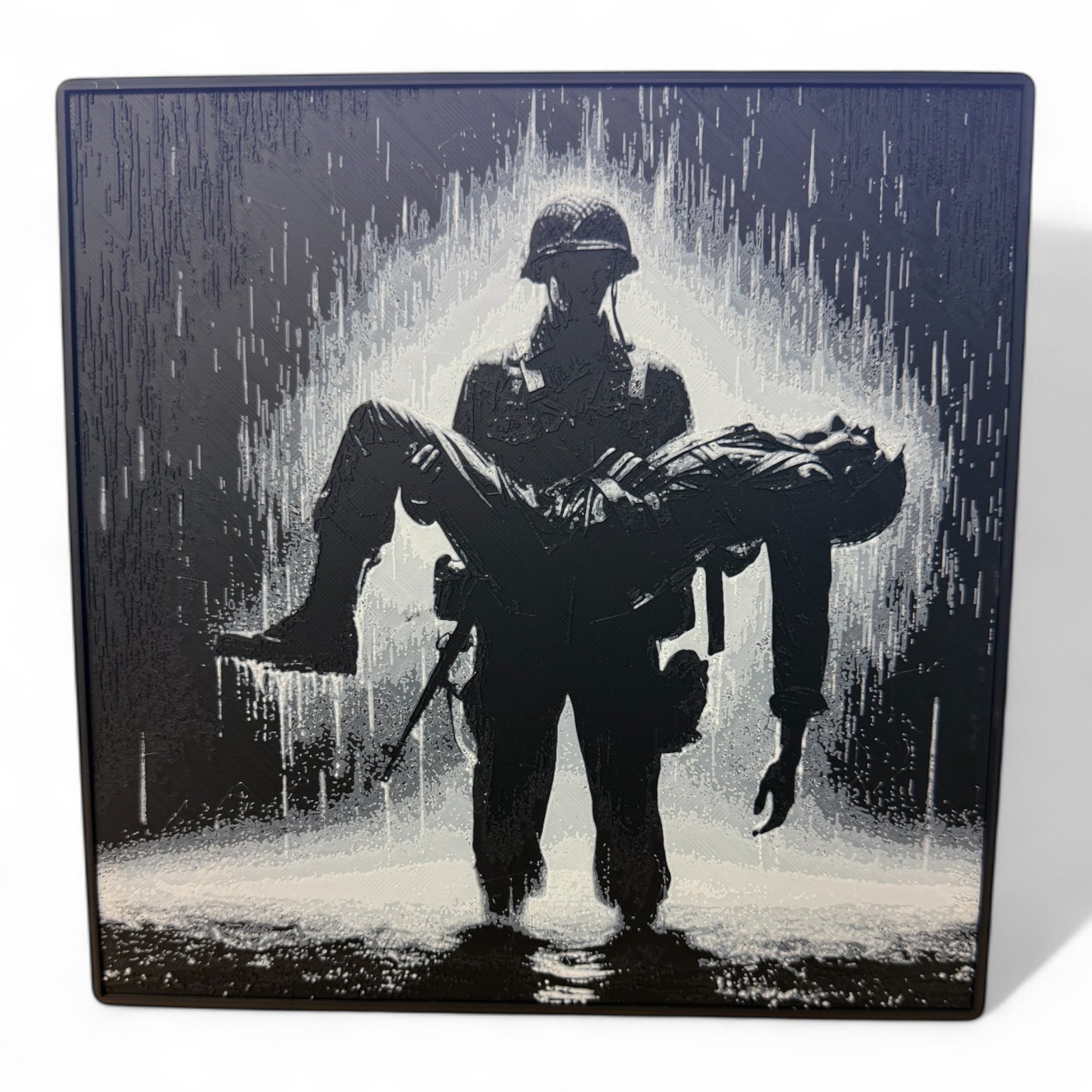 3D Printed Hueforge Wall Art - Iconic Soldier Carrying Wounded Comrade in Rain Silhouette | 8x8 Inch Military Veteran Gift, Vietnam War Inspired Decor