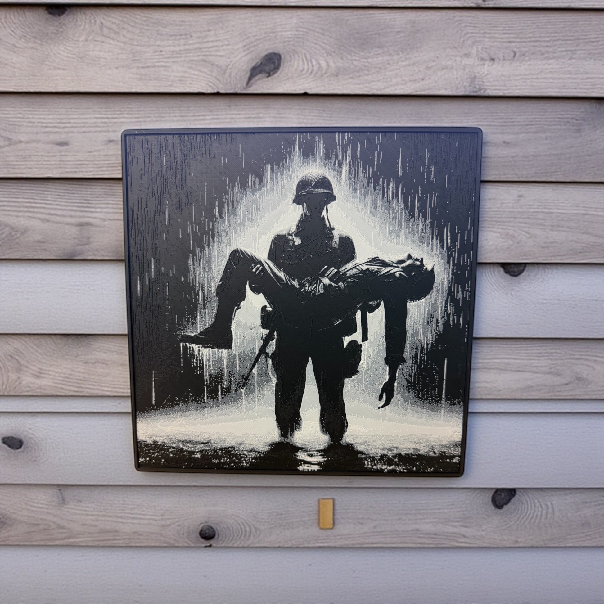 3D Printed Hueforge Wall Art - Iconic Soldier Carrying Wounded Comrade in Rain Silhouette | 8x8 Inch Military Veteran Gift, Vietnam War Inspired Decor