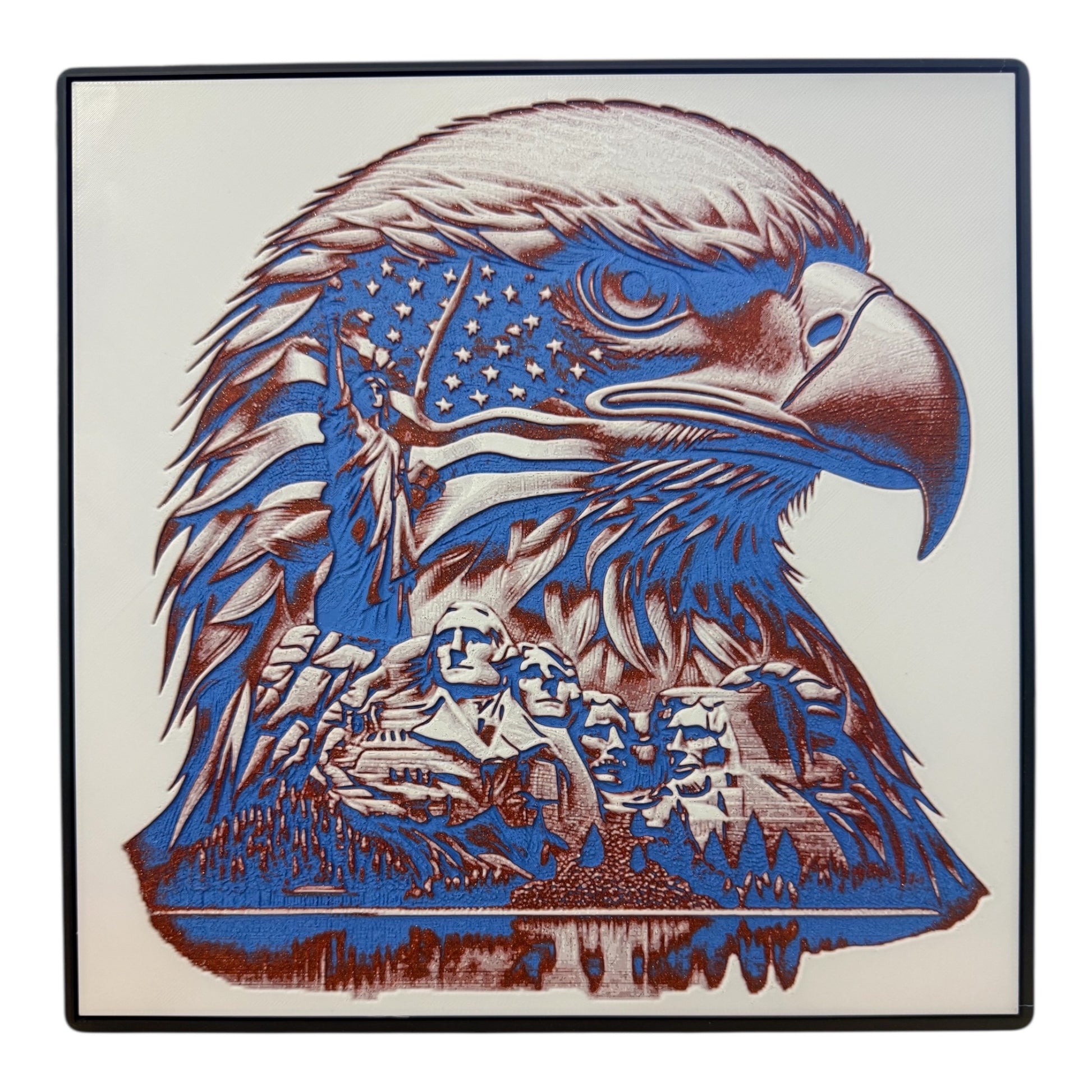 3D Printed Hueforge Wall Art - Patriotic Bald Eagle with American Flag & Mount Rushmore | 10x10 Inch USA Veteran Gift, Independence Day Decor