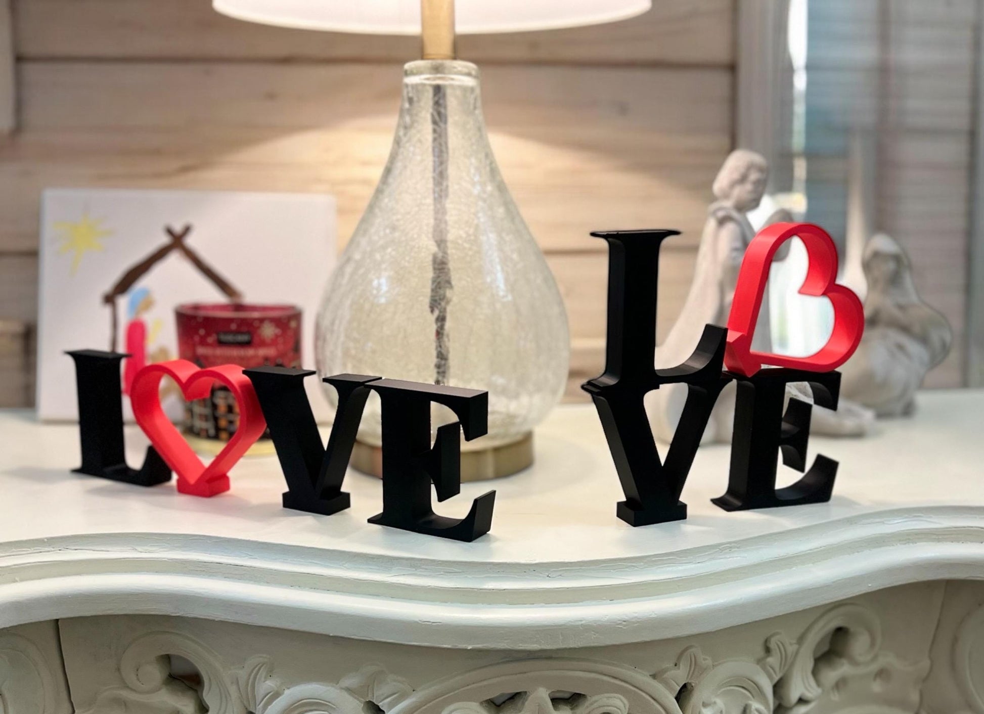 LOVE Letters Stackable Decor – 3-Inch Black Letters with Red Heart for Home, Wedding, or Gift