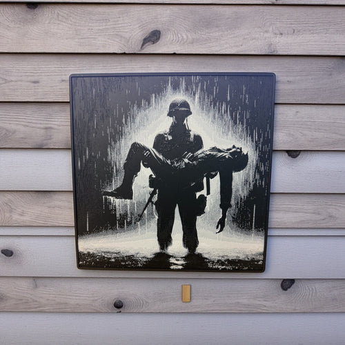 3D Printed Hueforge Wall Art - Iconic Soldier Carrying Wounded Comrade in Rain Silhouette | 8x8 Inch Military Veteran Gift, Vietnam War Inspired Decor