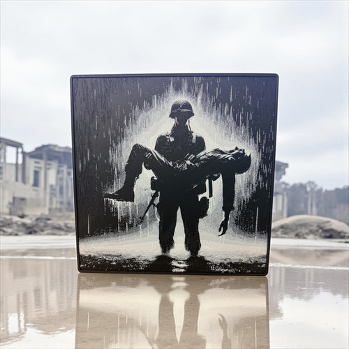 3D Printed Hueforge Wall Art - Iconic Soldier Carrying Wounded Comrade in Rain Silhouette | 8x8 Inch Military Veteran Gift, Vietnam War Inspired Decor