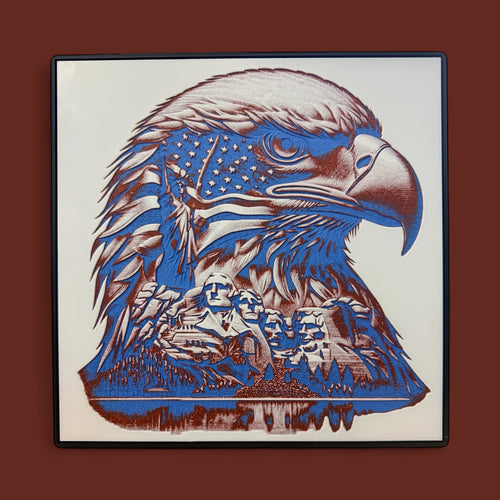 3D Printed Hueforge Wall Art - Patriotic Bald Eagle with American Flag & Mount Rushmore | 10x10 Inch USA Veteran Gift, Independence Day Decor