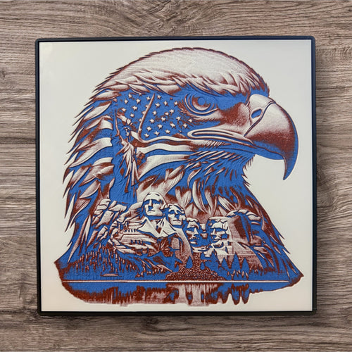 3D Printed Hueforge Wall Art - Patriotic Bald Eagle with American Flag & Mount Rushmore | 10x10 Inch USA Veteran Gift, Independence Day Decor